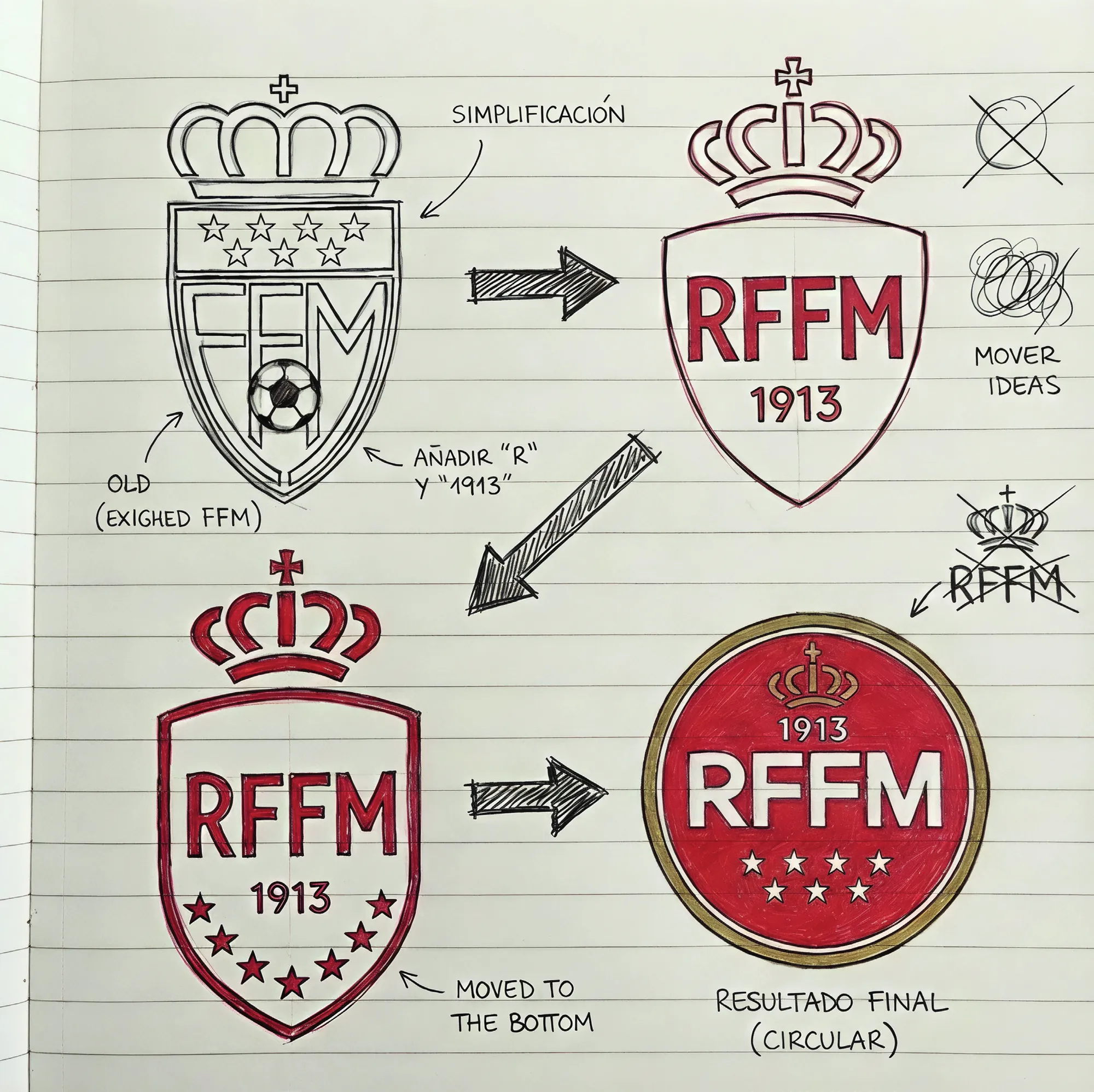 Bocetos del proceso de simplificación del escudo de la RFFM